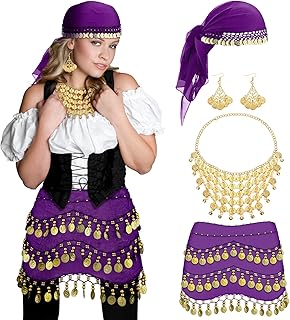 Sureio 4 Pcs Women Gypsy Pirate Costume Accessories Belly Dance Head Scarf Earring Necklace Hip Scarf Renaissance Jewelry
