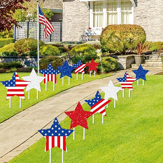 Whaline 12Pcs 4th of July Yard Signs Patriotic Star Yard Sign with 24Pcs Stakes Red
