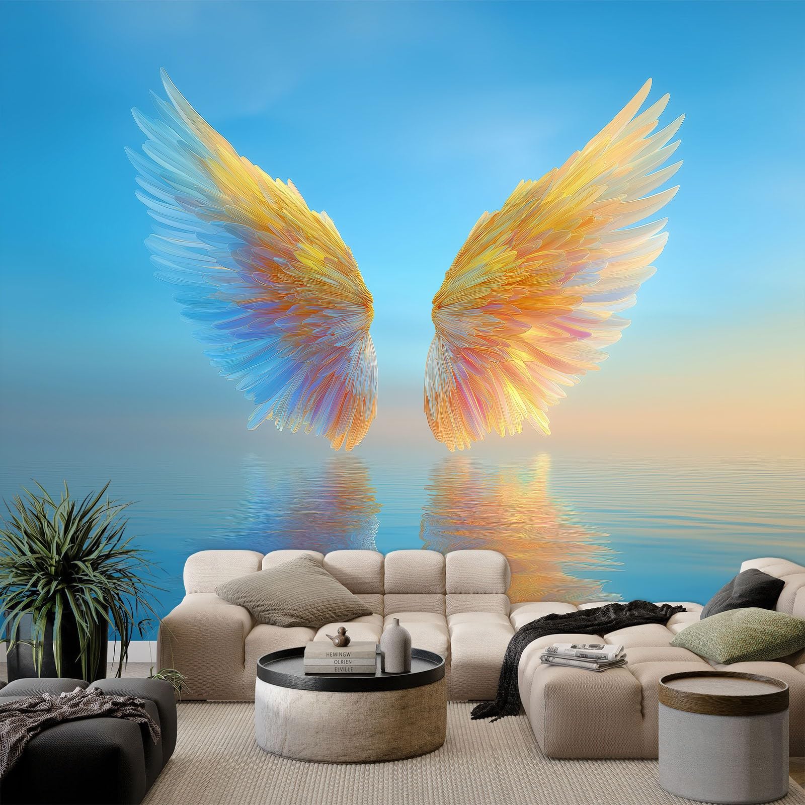 Custom Blue Wall Murals, Non-Woven Dreamy Elegant Angel Wings Mural Wallpaper - Large Photo Wallpaper for Living Room Bedroom Kitchen Hallway Office Kids, W 450 x H 315 cm