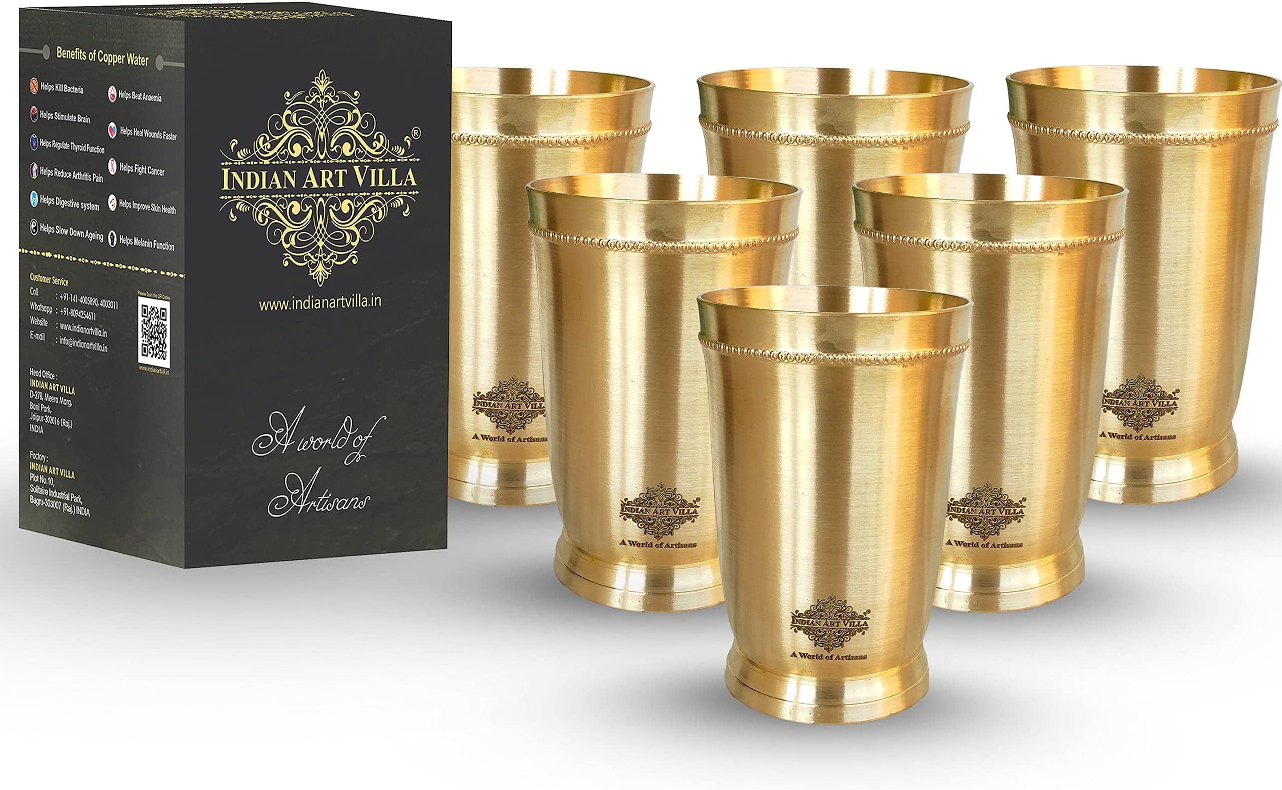 INDIAN ART VILLA Pure Brass Matt Finish Glass/Tumbler with Brass Bottom, for Drinking Serving Water, Yoga & Ayurveda, Volume-270 ML, Set of 6