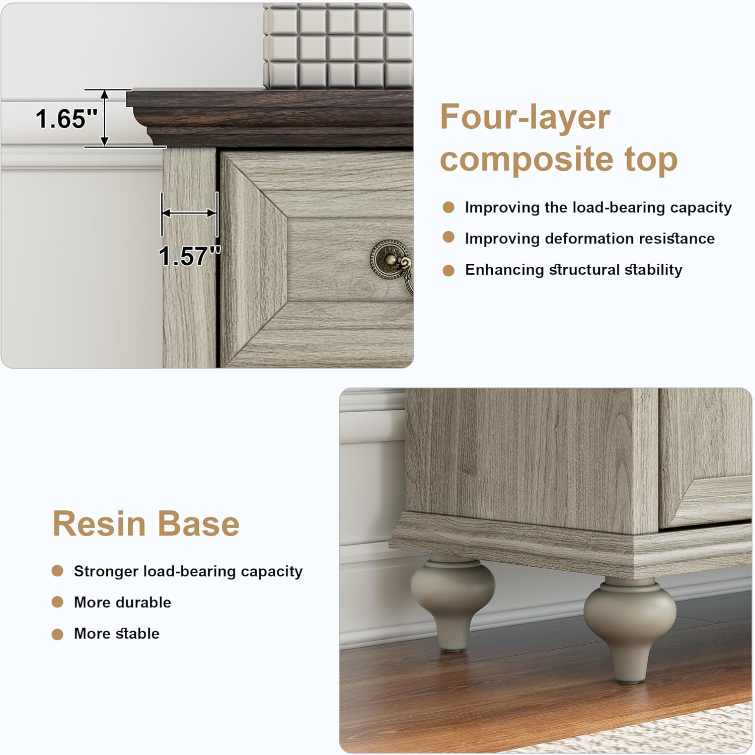 Close-up images detailing the four-layer composite top construction and the sturdy resin base legs of the Yechen sideboard cabinet.