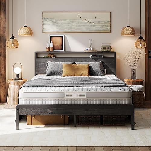 LIKIMIO Queen Bed Frame with Headboard, Dark Wood Camas Queen with Strong Supports, Sturdy, Noise-Free, No Box Spring Needed, Charcoal Grey