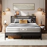 LIKIMIO Queen Bed Frame with Headboard, Dark Wood Camas Queen with Strong Supports, Sturdy, Noise-Free, No Box Spring Needed, Charcoal Grey