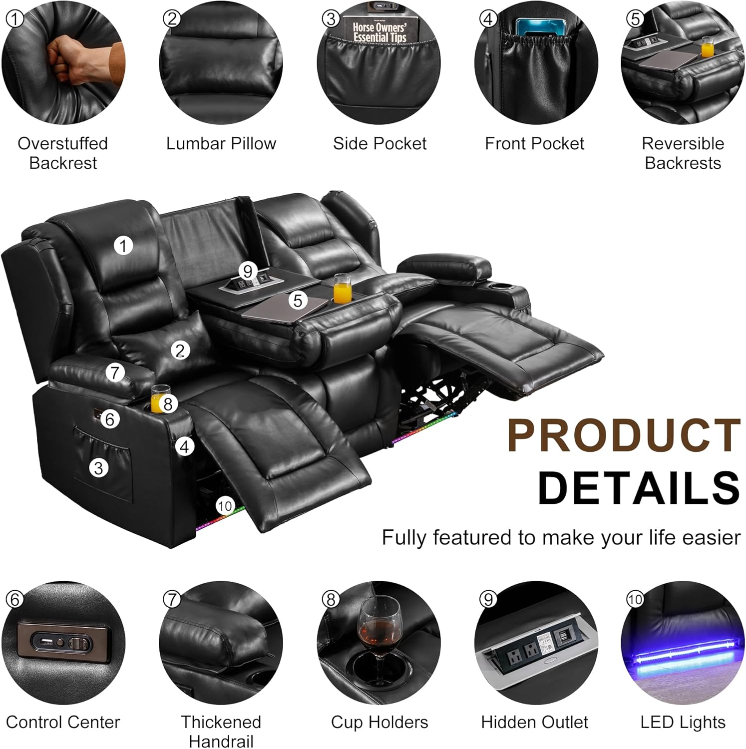 DRMBOOK RV Power Loveseat Recliner Sofa, Faux Leather 3-Seater Wall Hugger Reclining Sofa, Home Theater Seating Chair with Cup Holders, 3 Person Couch RV Furniture for Living Room, Black