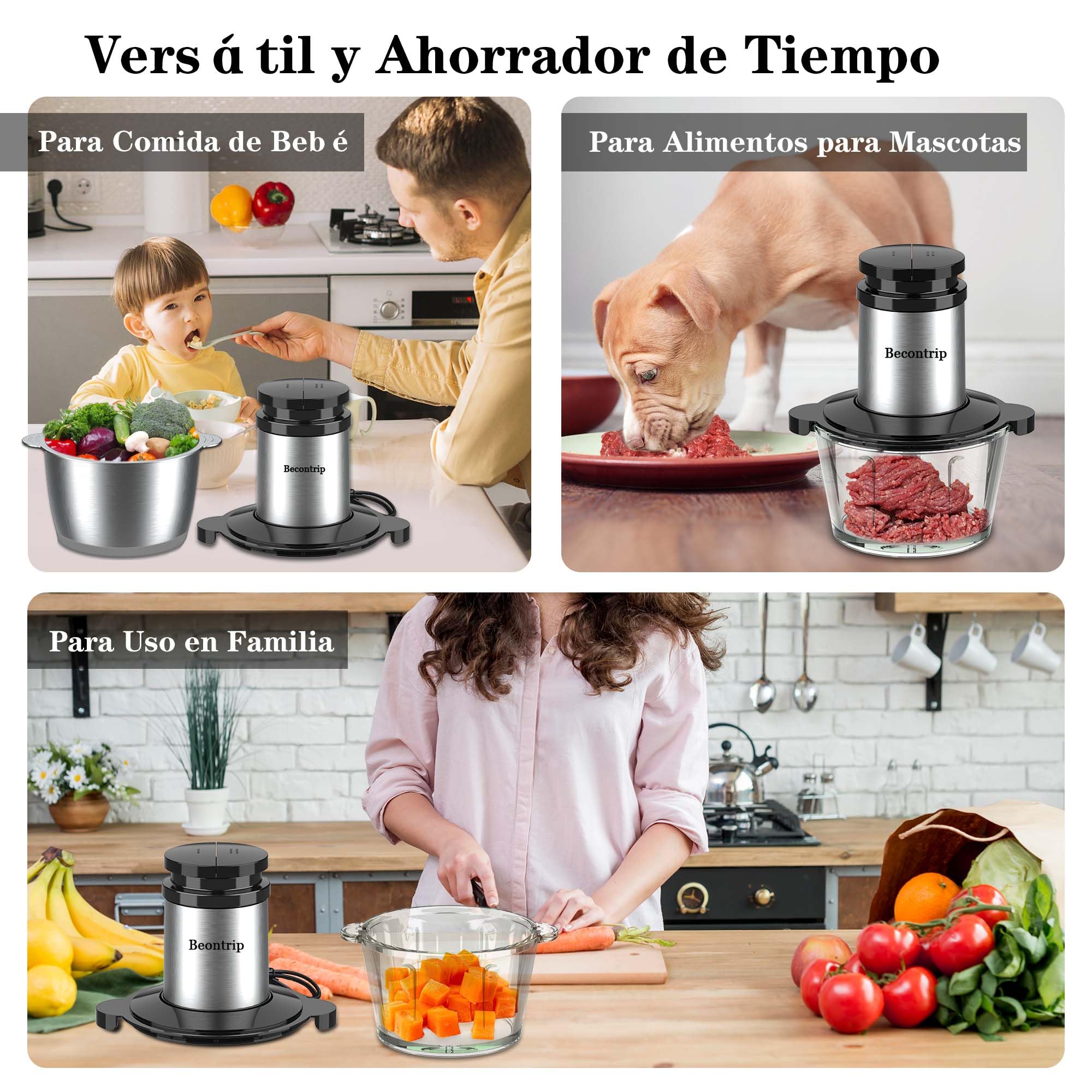 Picadora Eléctrica, 500W Trituradora de Alimentos, 2L Tazón Vidrio & Acero Inox, 4 Cuchillas, 2 Velocidades, con Motor Cobre Mini Food Processor Para Carne/Verduras/Cebolla/Frutas/Cocina