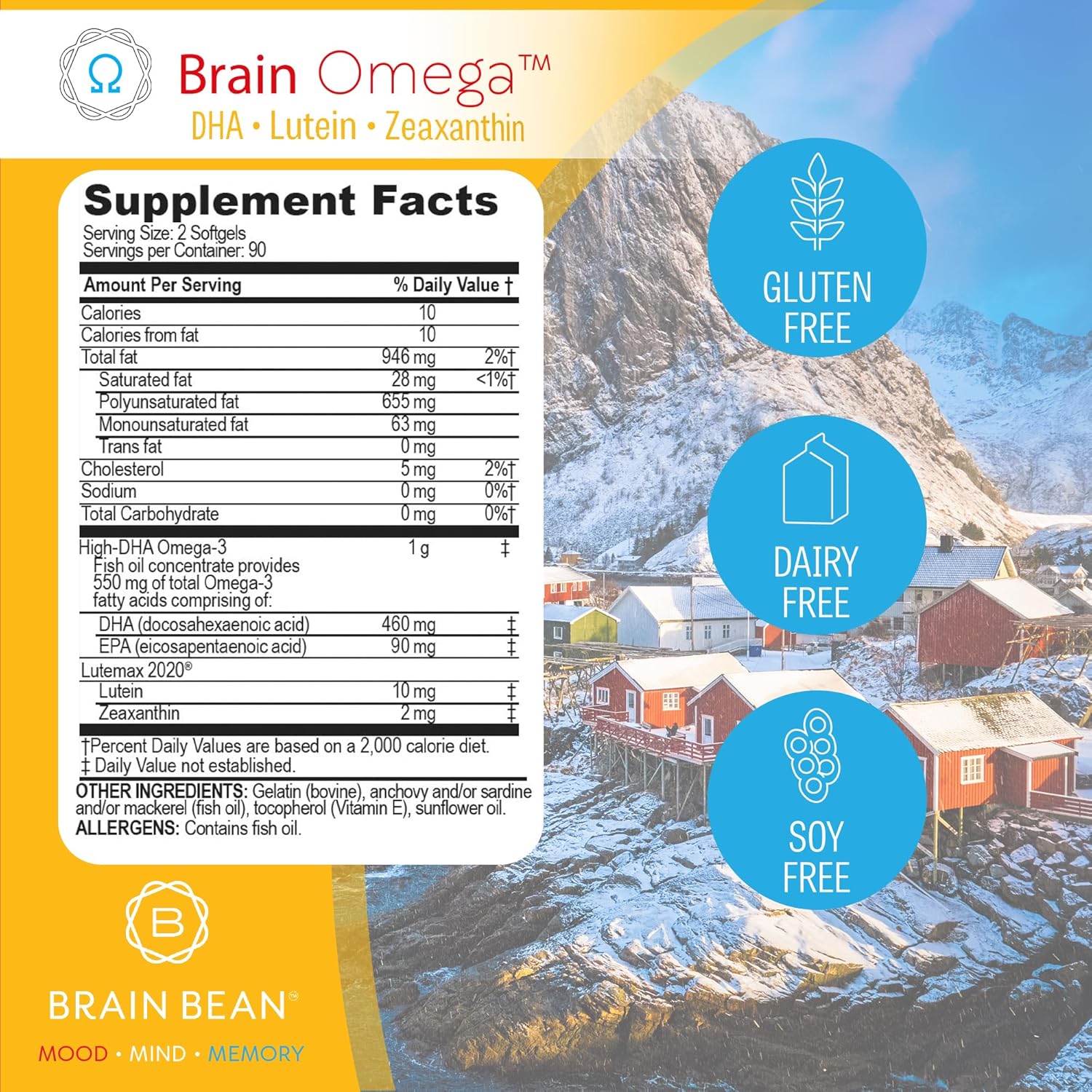 Brain Omega with Lutein and Zeaxanthin – Omega 3 Supplement for Brain, Heart & Eye Health – 460 mg DHA, 90 mg EPA, Lutein and Zeaxanthin Supplements – 180 Softgels (90 Servings) - Image 3