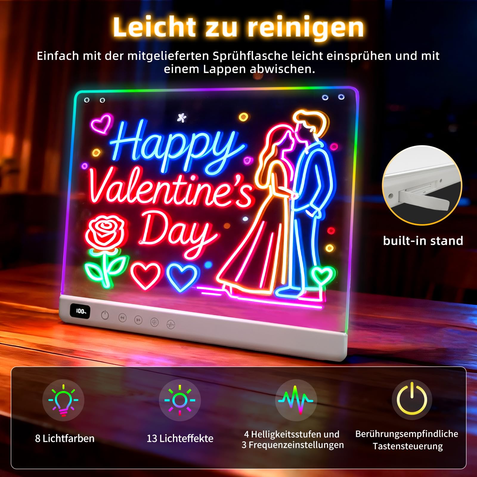 LED Zeichenbrett Kinder, Wiederaufladbare Leuchttafel mit 13 Lichtmodi, Kreatives Lernspielzeug für Mädchen Jungen 4-8 Jahre, 35 x 25 cm LED Maltafel mit Klappständer & Neon Stiften