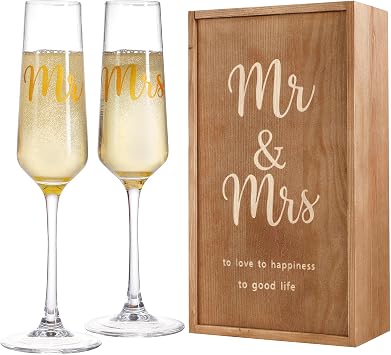 Floroom Wedding Champagne Flutes Set of 2, Elegant Glasses for Mr and Mrs, Engagement, Bridal Shower, Anniversary, or Bride and Groom Gifts