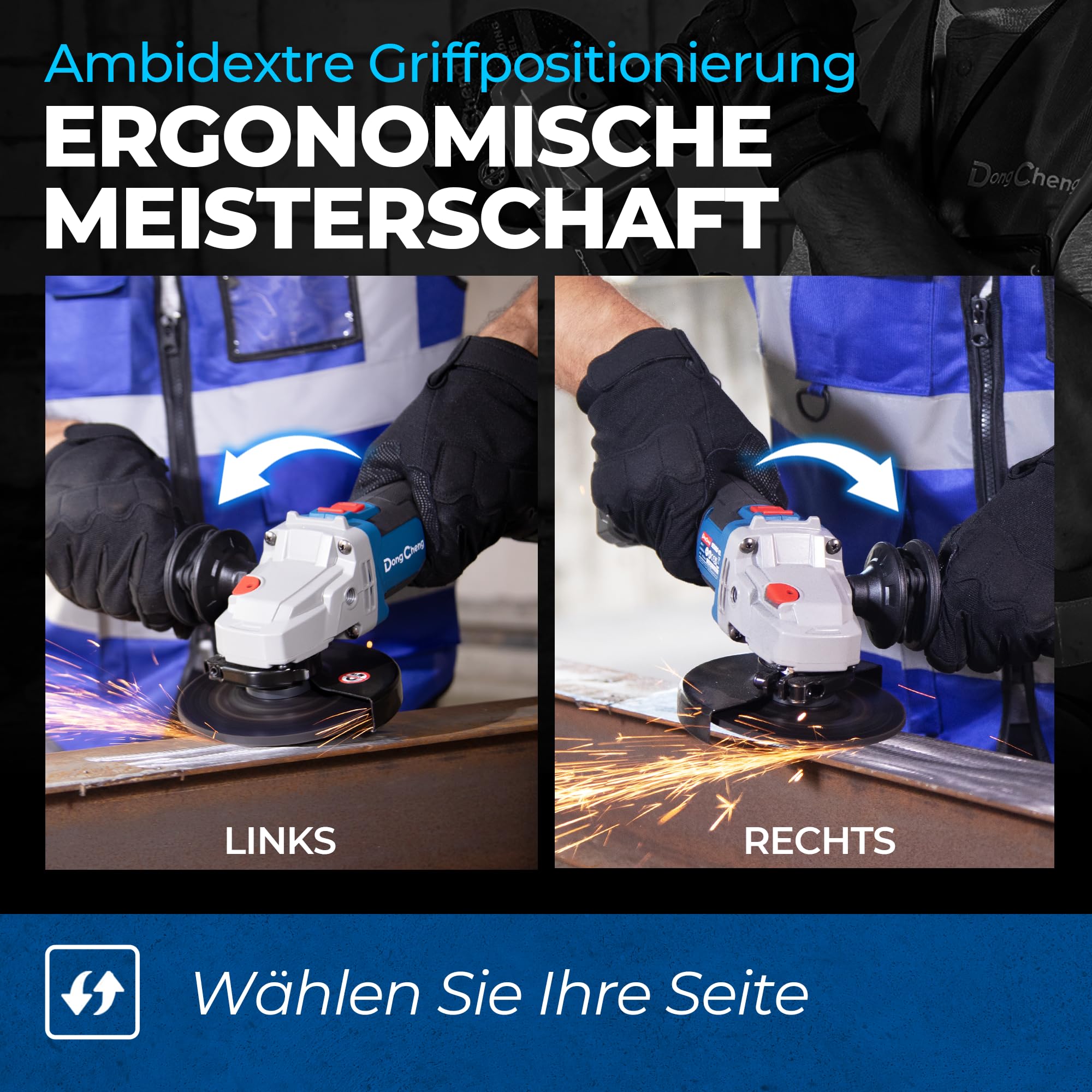 DongCheng 18V Akku Winkelschleifer Ø125mm, Schnellverschlussabdeckung | 8500 U/minBürstenloser Motor, Anti-Vibrations-Griff, 2 Schleif-, 2 Fächer-, 2 Trennscheiben, 4.0Ah Akku & Ladegerät