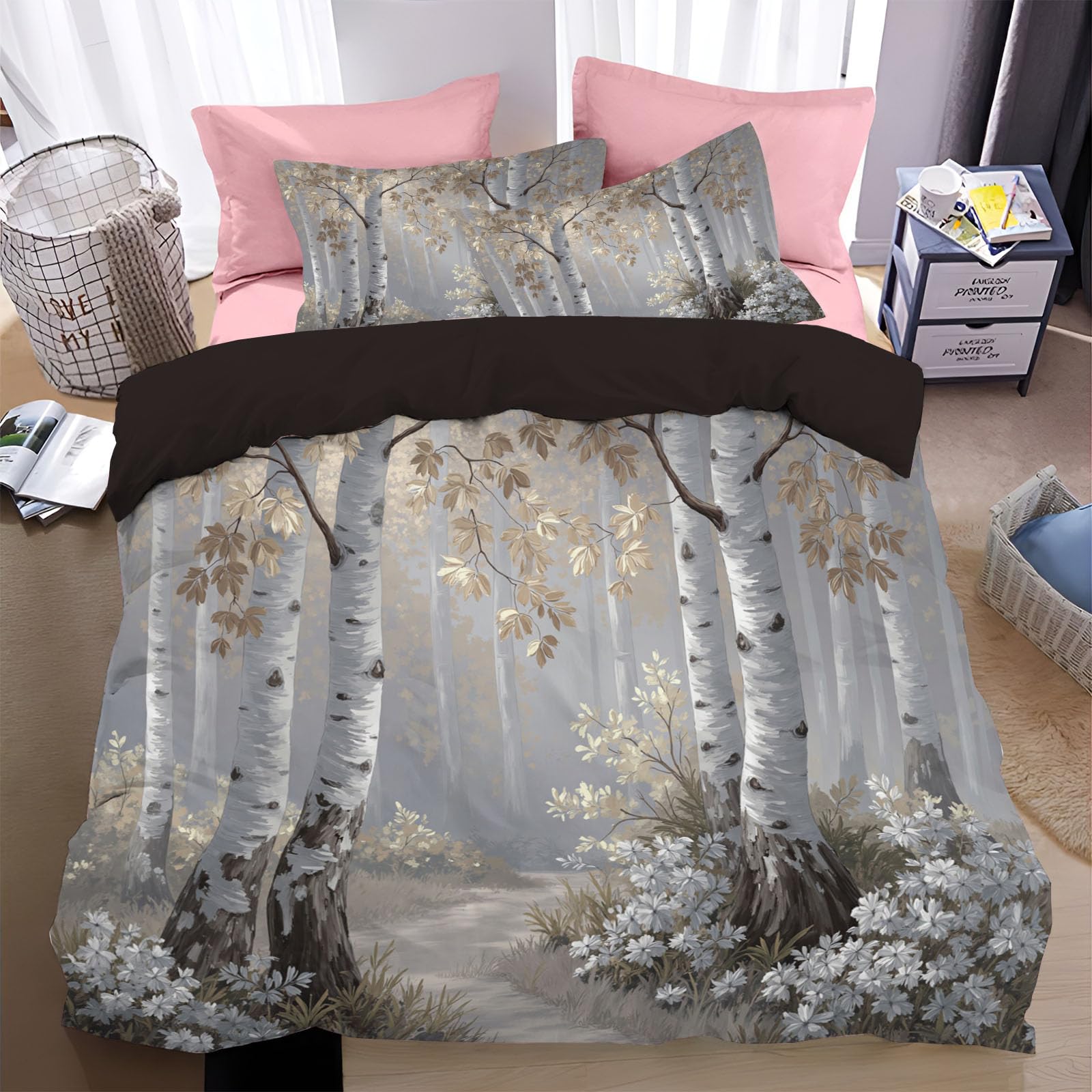 Linge de lit 2 personnes 220x240cm housse de couette forêt gris clair