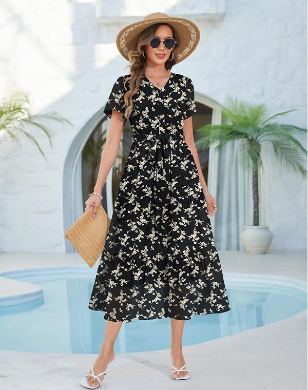 Annebouti Maxi Spring Summer Dresses for Women 2026 Short Sleeve Semi Formal Vintage Trendy Flowy Elegant Classy Wedding Guest Boho Chiffon Long Dress Black Floral S by Annebouti - Used condition - Image 5