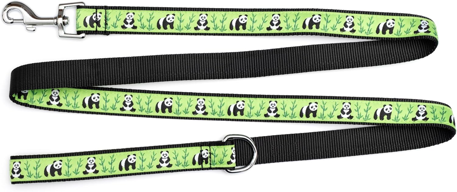 THE WORTHY DOG Pandas Patterned Nylon Leash for Dogs, Stylish, Durable, Woven Ribbon - Green/Black, Small