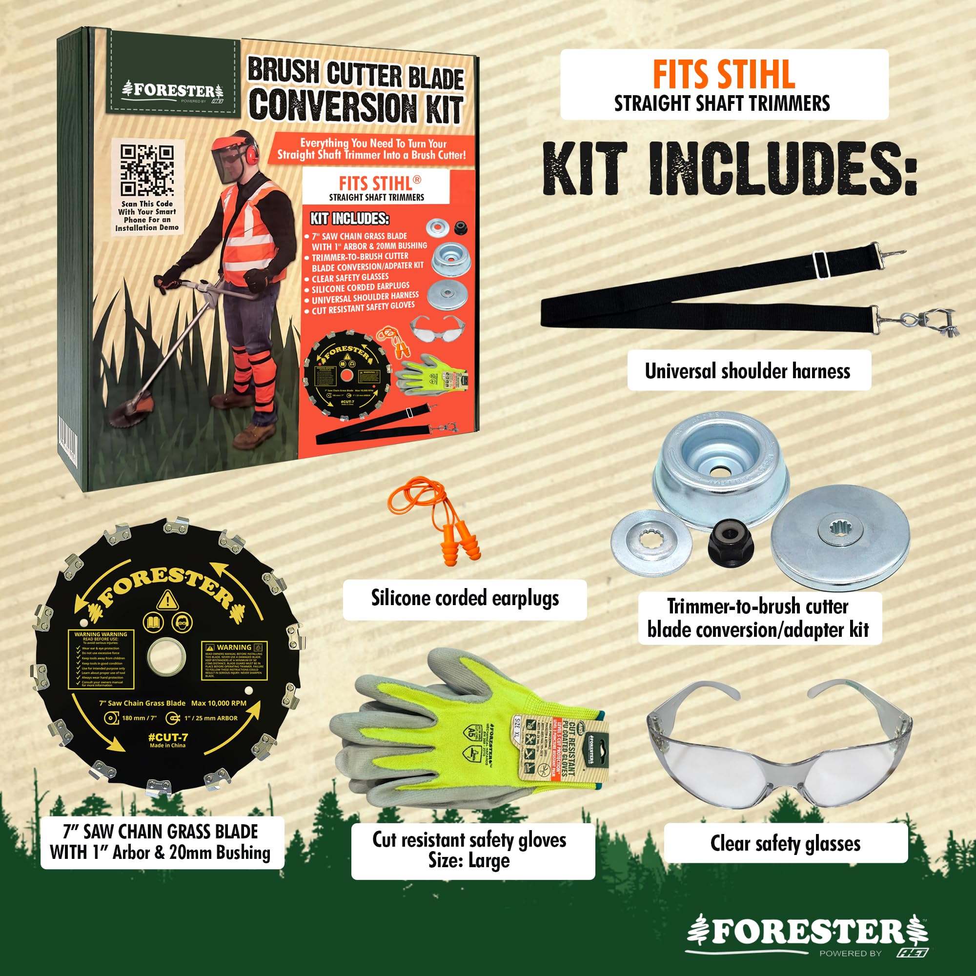 FORESTER Kit di conversione decespugliatore con lama decespugliatore da 17,8 cm, include occhiali di sicurezza, tappi per le orecchie, guanti, imbracatura, compatibile con la maggior parte dei