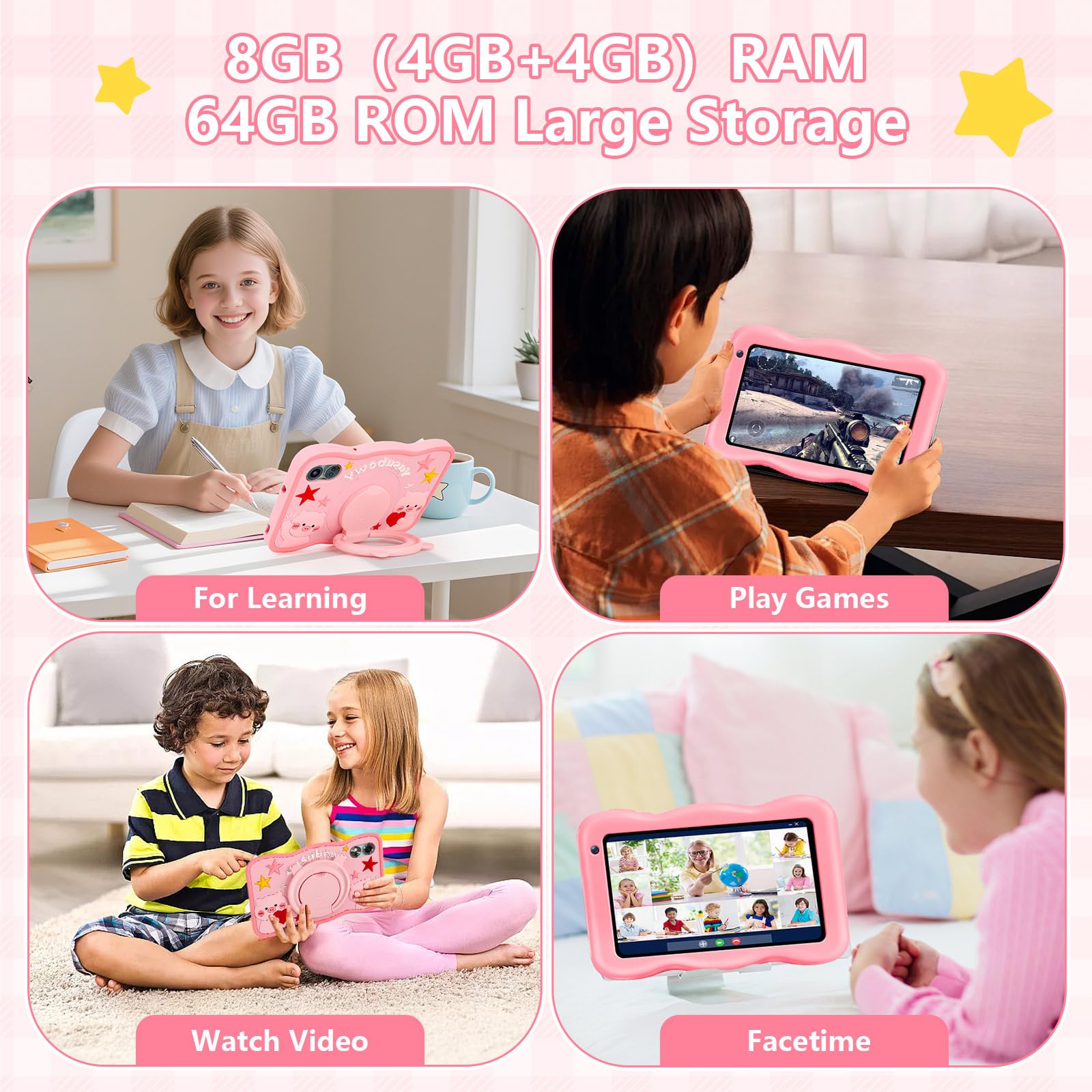 YUSUBCWY Kids Tablet 10 inch, Android 15 Tablete for Kids, 20(6+14) GB RAM+129GB ROM, Parental Control, Kids Software Pre-Installed, Android Learning Tablet with Proof Case (Pink) — view 4