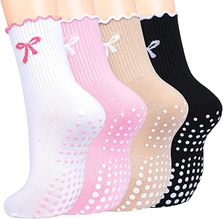Toes Home Pilates Socks for Women with Non Slip Grippers, Yoga Crew Socks for Barre Hospital Sticky Slipper Socks 4 Pairs