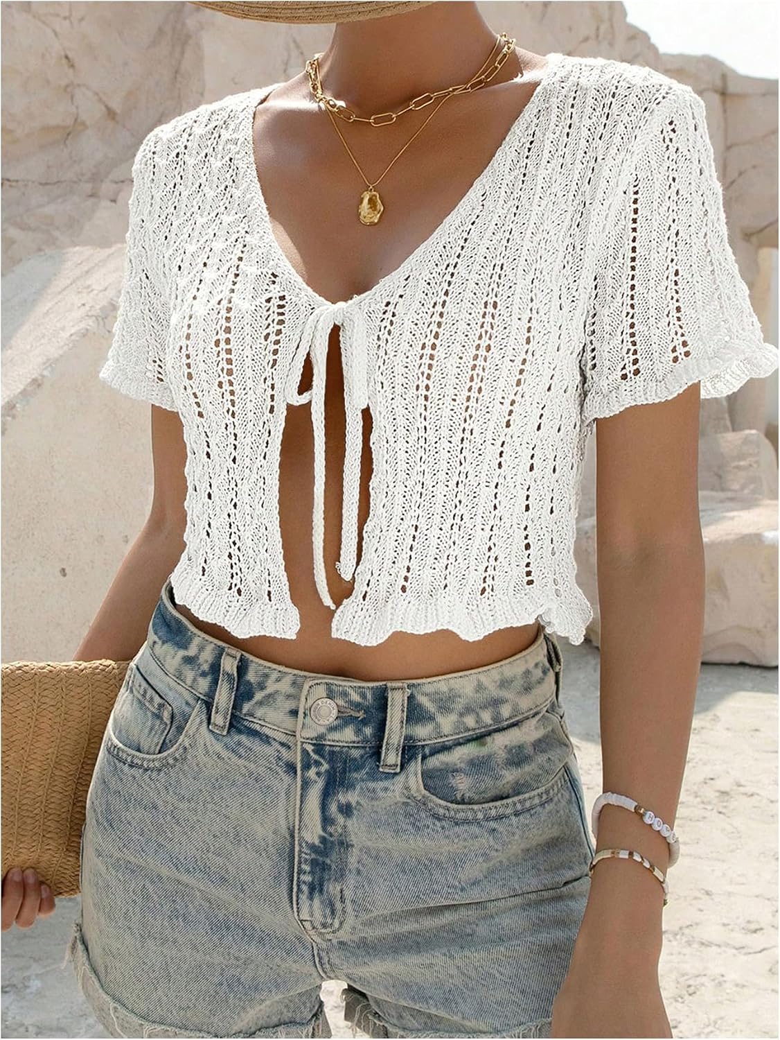 SHENHE Women's Short Sleeve Tie Front Knit Cropped Sweater Lightweight Summer Cardigan Knitwear