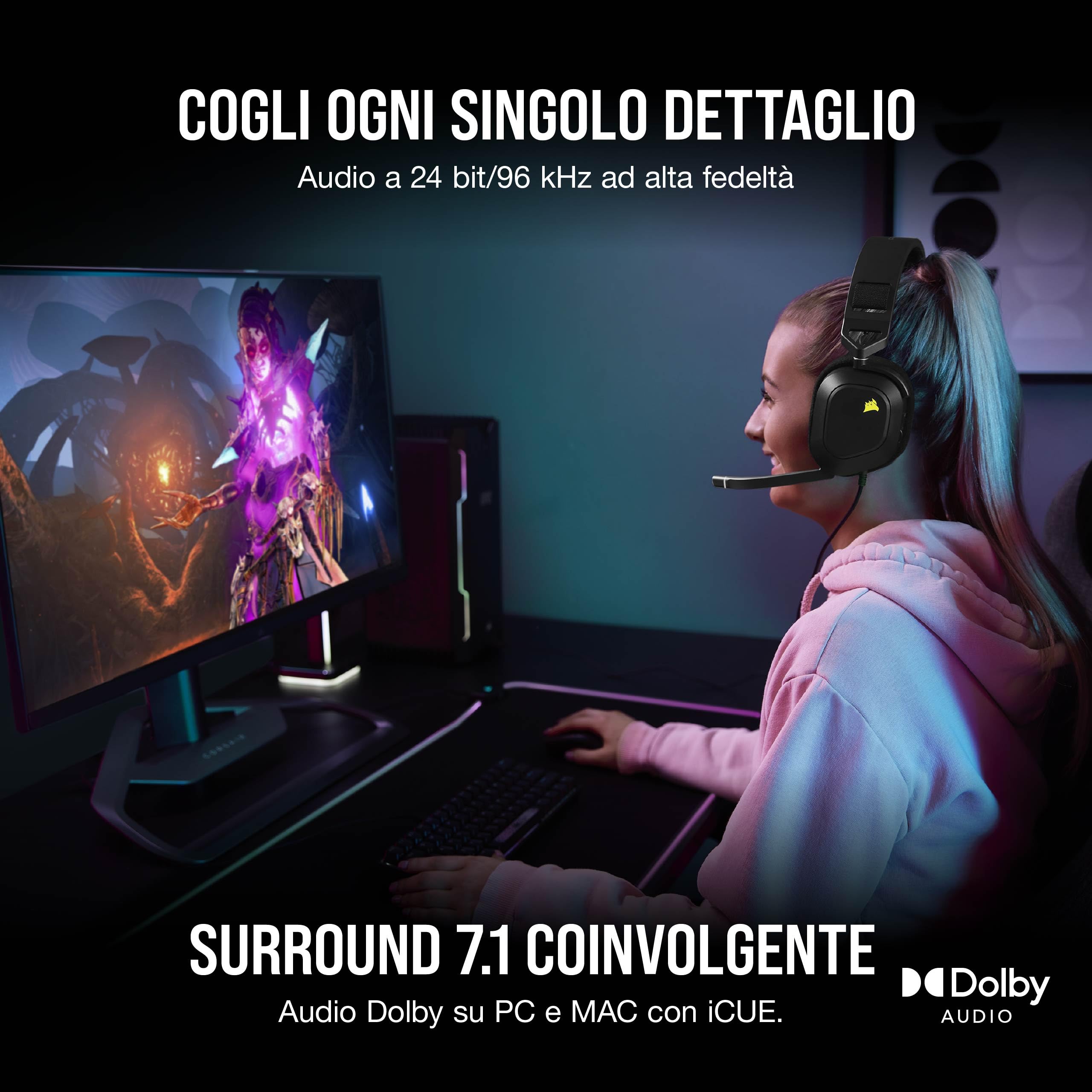 Corsair HS80 RGB USB Cuffia Gaming con Microfono Premium con Audio Surround 7.1, Microfono Broadcast Omnidirezionale, Controlli per Volume e Mute sul Padiglione, Illuminazione RGB Dinamica, Carbonio