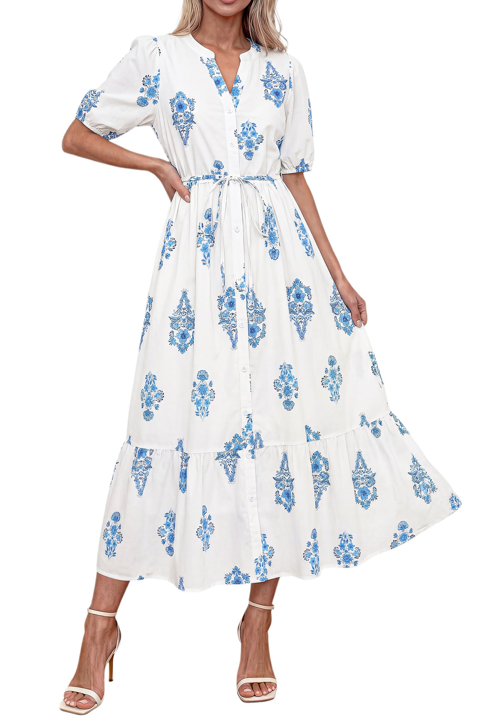 Photo 1 of Okiwam Summer Dresses for Women 2026 Casual V Neck Short Sleeve Boho Floral Midi Dress Button Down Beach Vacation Sundress-L Blue Flower