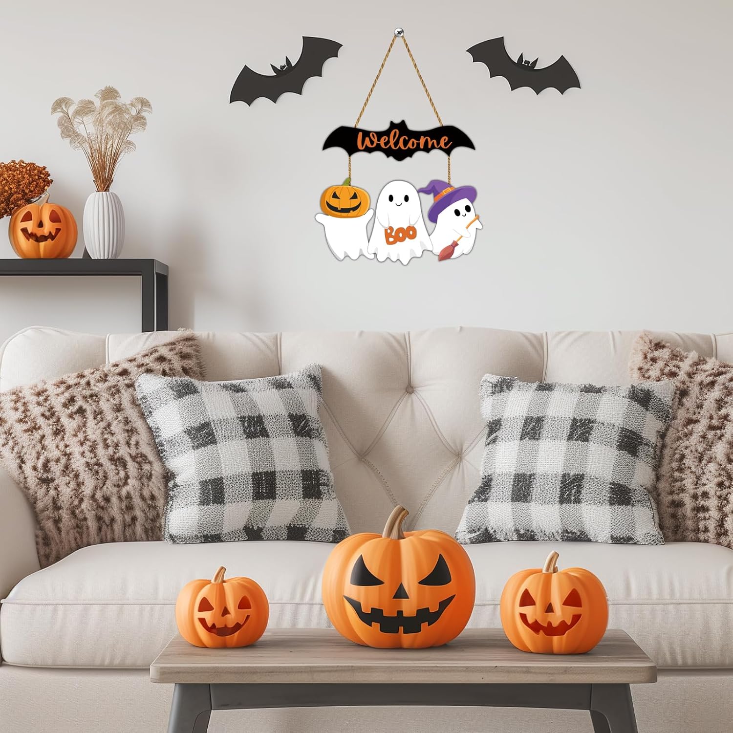 Halloween Door Decorations Cute Ghost Decor Wreath Bat Welcome Sign Wooden Front Door Hanger Bat Ghost Hanging Sign Wreath for Wall Indoor Home Decor