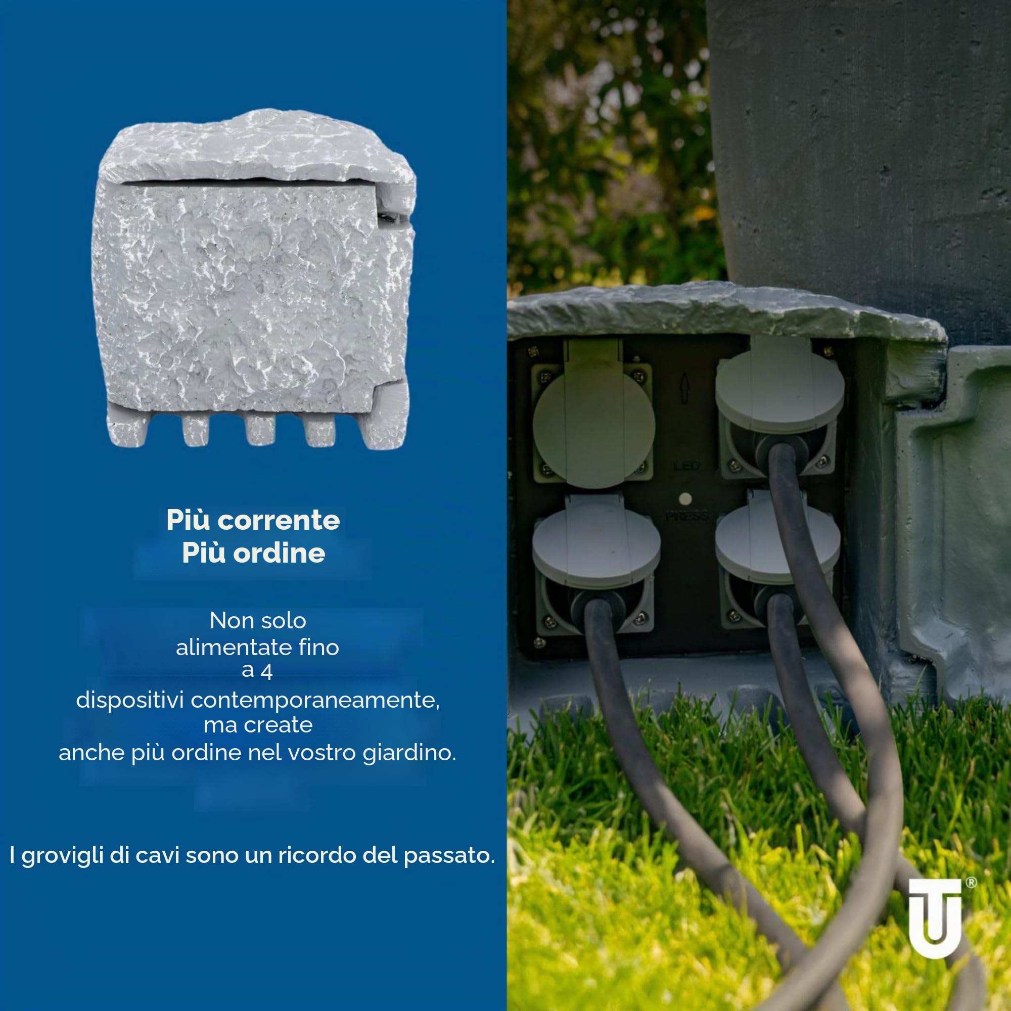 UNITEC Distributore di prese WiFi per giardino effetto pietra, presa da giardino, presa esterna, IP 44, 4 prese, cubi