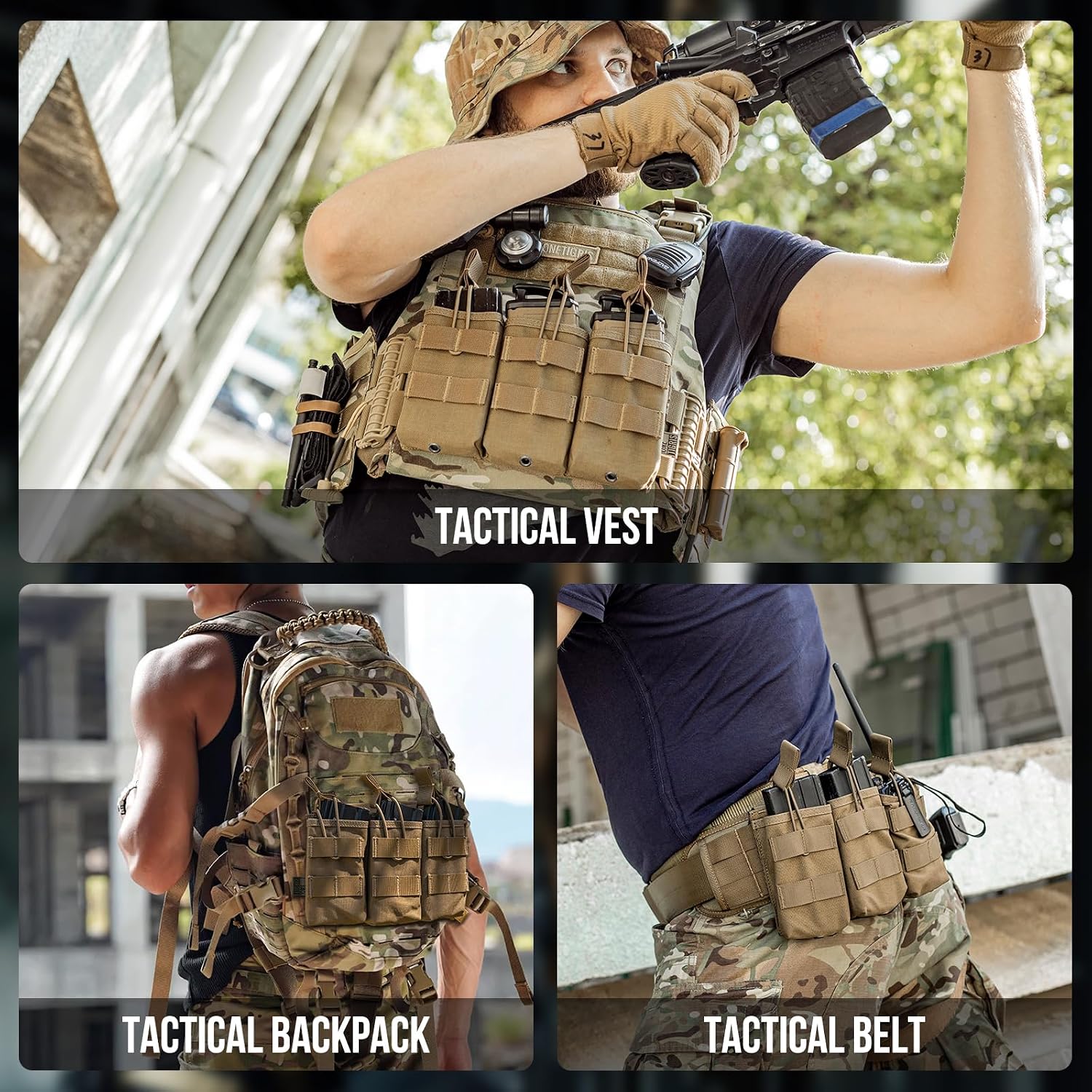 OneTigris Tactical Pistol Mag Pouch - Open-Top Triple 5.56mm Magazine Pouch for M4/M16/AR-15 & 5.56 AK Variants, with Elastic Rifle, Quick-Release Insert & MOLLE Compatibility