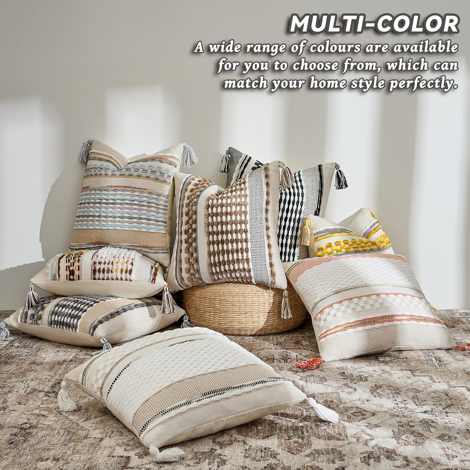 AmHoo Set of 2 Chenille Striped Tufted Textured Boho Throw Pillow Covers Aesthetic with Tassels Woven Decorative Pillow Case for Couch Bed Sofa Bedroom Modern Funky 18 x 18-Inch Brown White