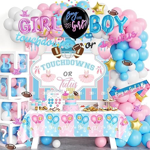 172 piezas de decoraciones para revelación de género touchdowns o tutús, con fondo, guirnalda de globos, pancarta, mantel, para pastelcupcakes,