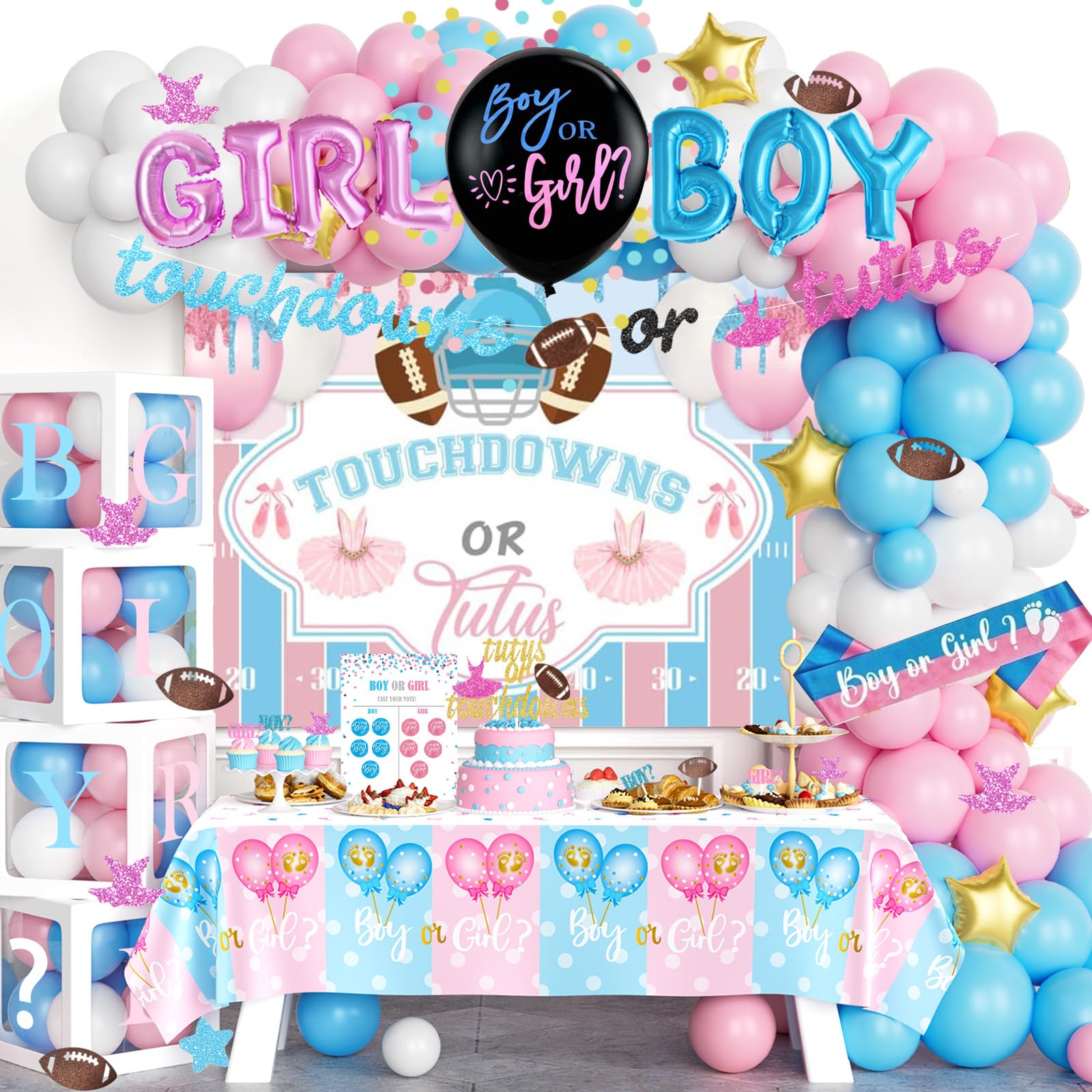 172 PCs Touchdowns or Tutus Gender Reveal Decorations, Hombae Boy or Girl Gender Reveal Decorations Backdrop Balloon Garland Banner Tablecloth Cake