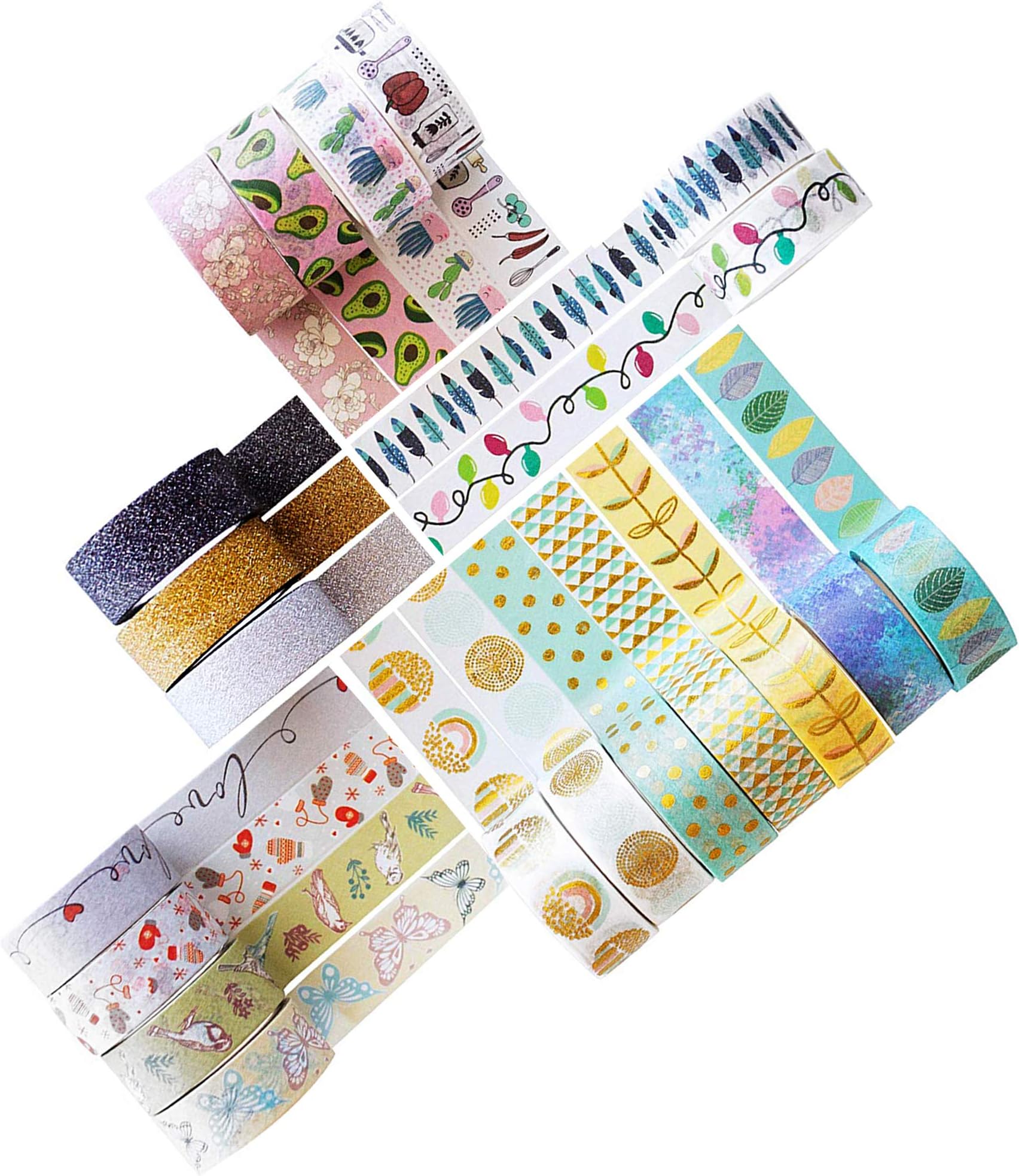 MozArt SuppliesWashi Tape Set - 20 Rolls of Decorative Adhesive with Unique Colorful, Glitter, Floral, Foil Tape Designs - Journal Decorating, Scrapbook, Photo Album, and Arts and Crafts Projects