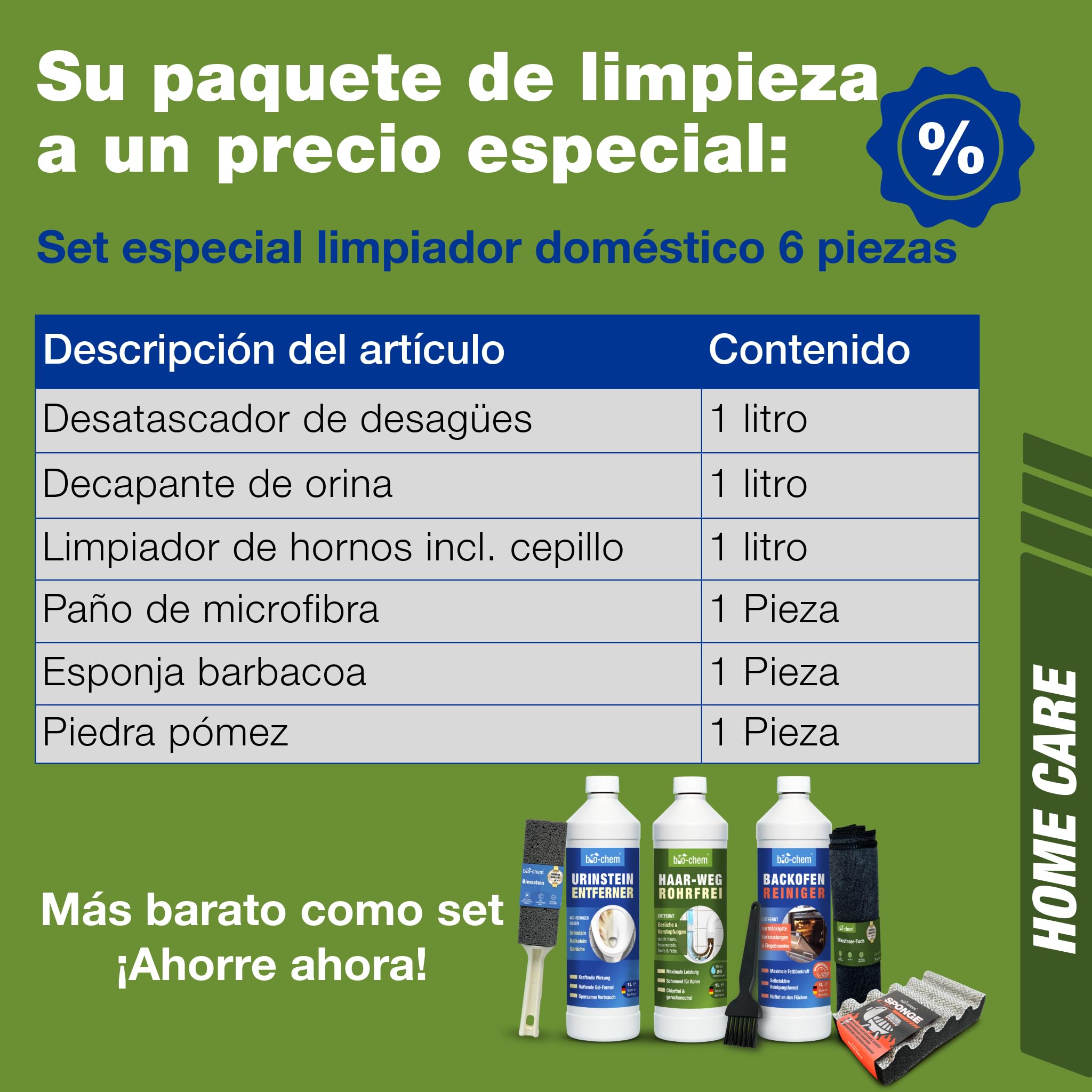bio-chem Set de 6 productos para la limpieza de tuberías, inodoros, hornos | Elimina restos de orina y cal - Desatasca desagües - Limpia el horno - Con una esponja, un paño y piedra pómez