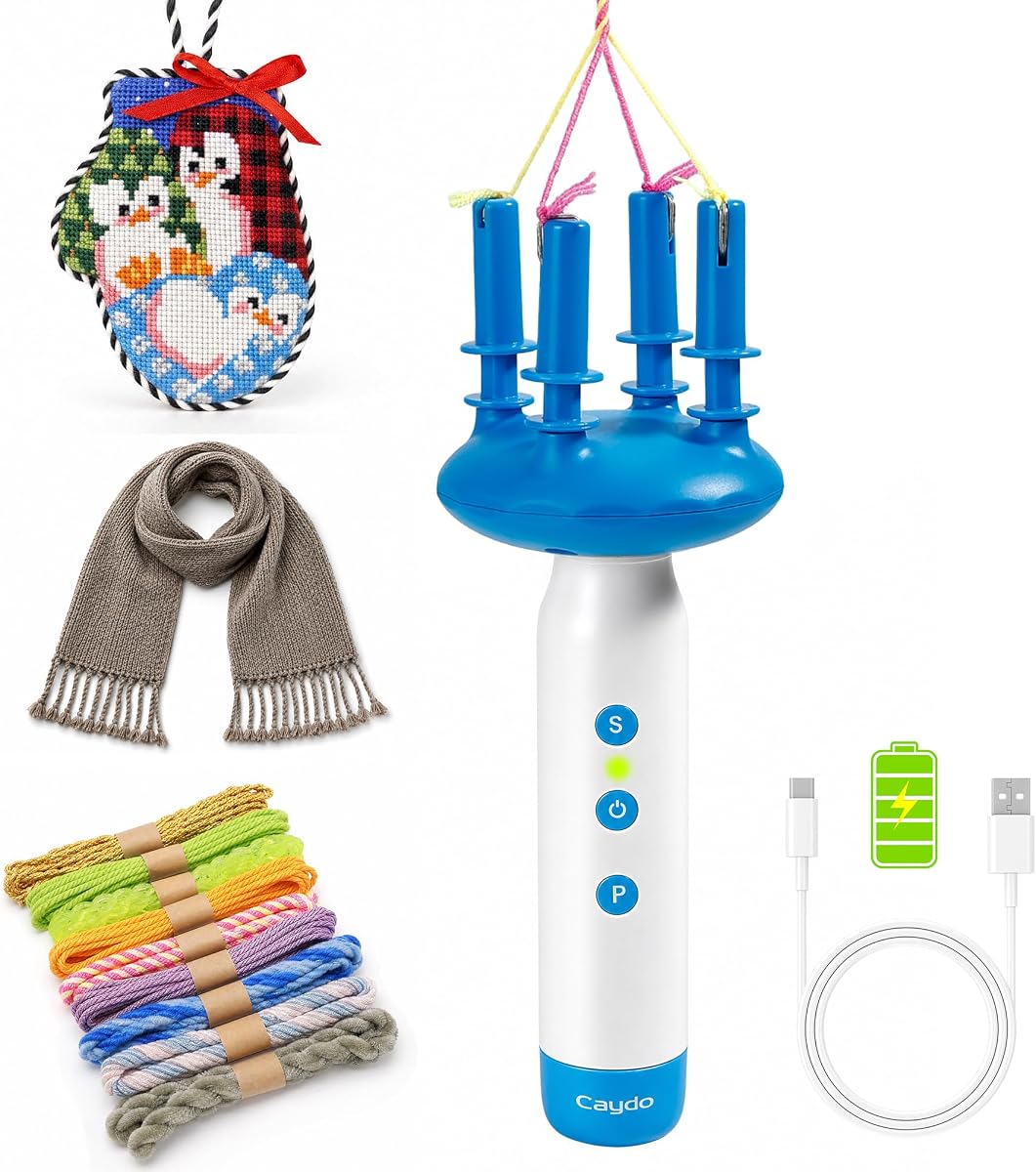 Caydo Cord Maker Fringe Twister Machine T1, cordón para punto de aguja y costura | Herramienta eléctrica recargable y de 2 velocidades para hacer cordones, tornado de hilo portátil para macramé, tejer, bufandas, mantas, borlas