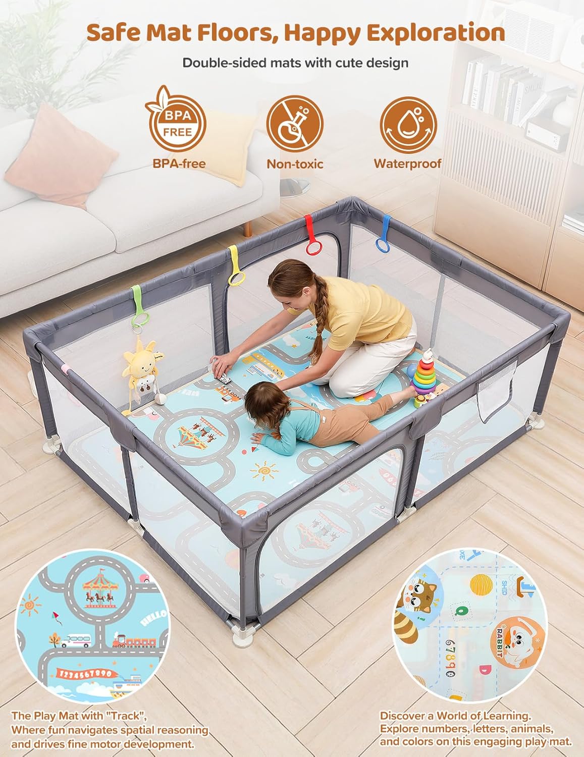 Dripex Baby Playpen with Mat, 71"x47" Play Pen for Toddlers 1-3 Years, Soft Breathable Visible Mesh, Indoor/Outdoor Portable Play Yard with Mat, Safe Baby Fence Play Area, Light Grey
