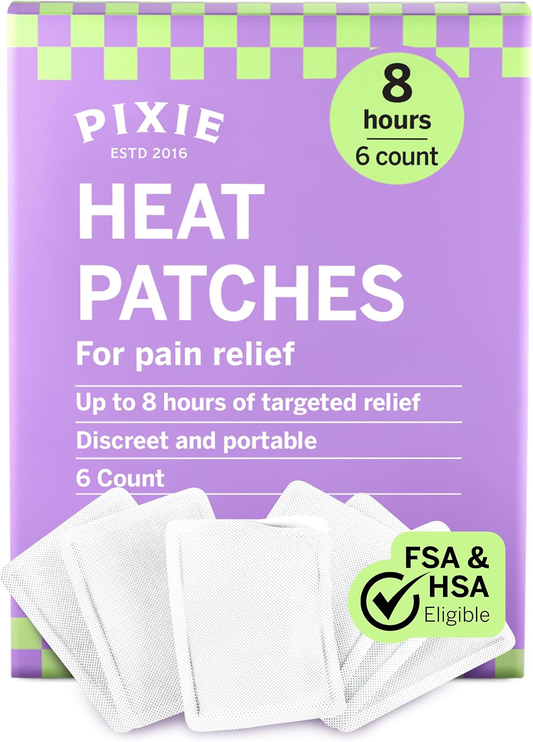 Pixie Period Cramps Menstrual Pain Relief Heat Patches - Lower Abdominal & Back Soothing Therapy - Natural Alternative to Lidocaine ICY Hot - Up to 8 Hours - 6 Count Discreet Disposable Heat Pads