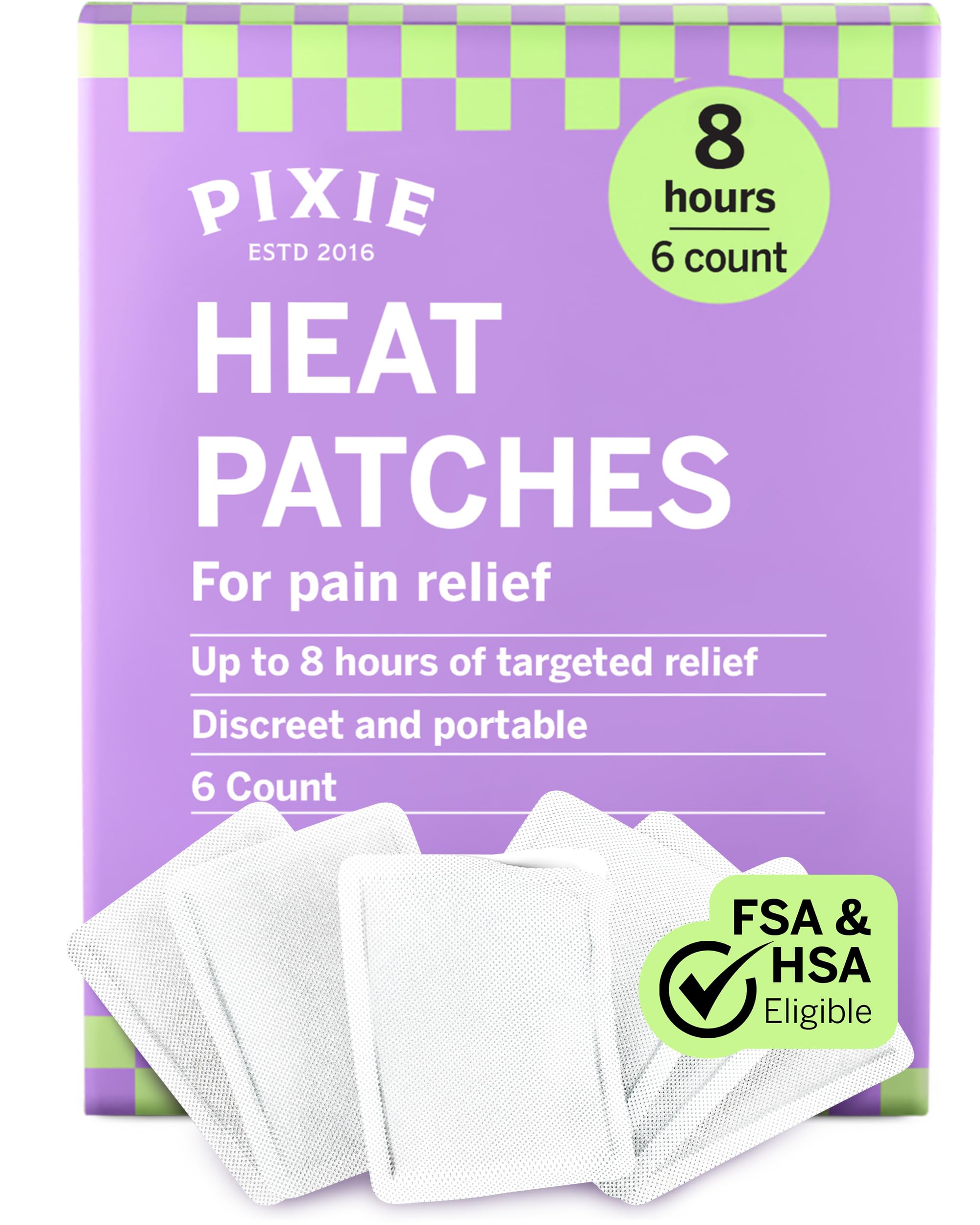 Pixie Period Cramps Menstrual Pain Relief Heat Patches - Lower Abdominal &amp; Back Soothing Therapy - Natural Alternative to Lidocaine ICY Hot - Up to 8 Hours - 6 Count Discreet Disposable Heat Pads