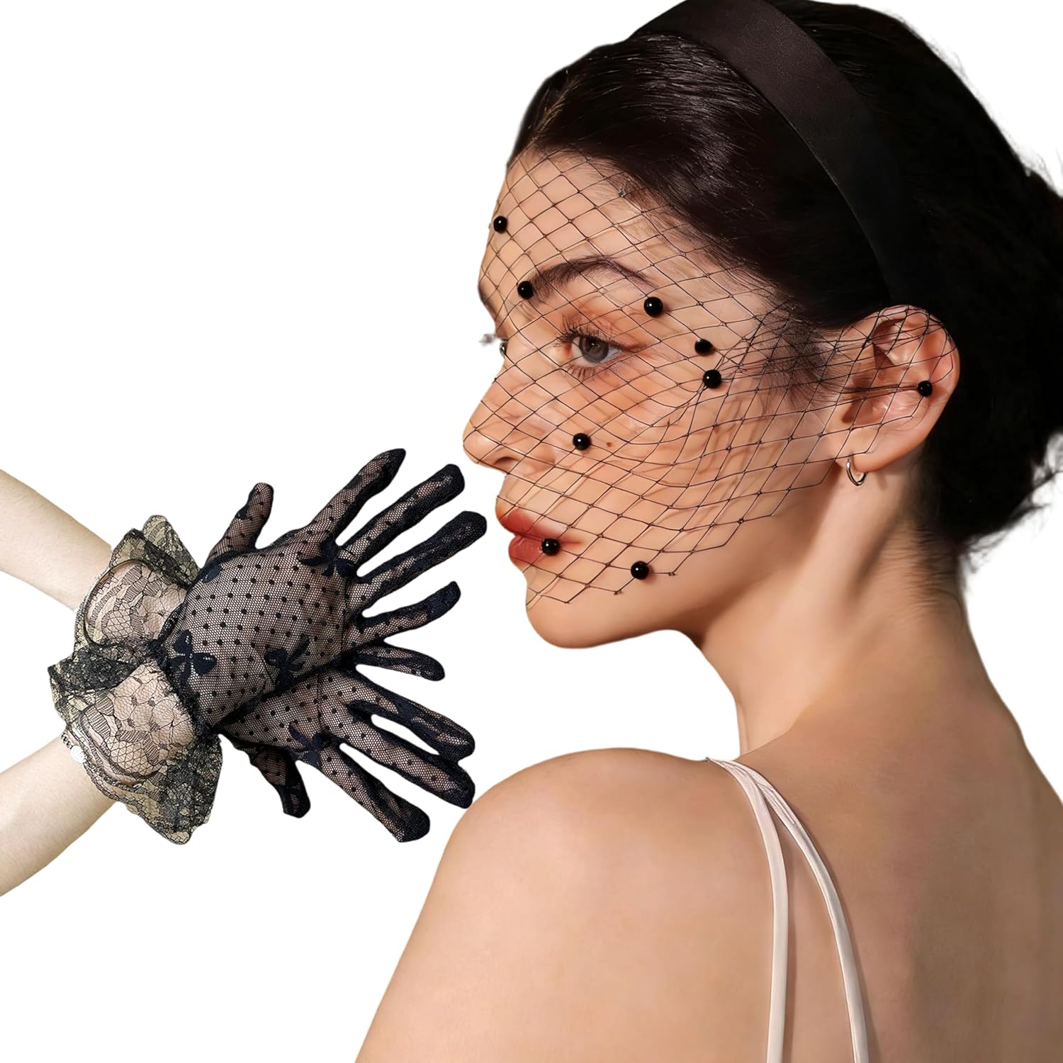 Veil Mesh Veil Headband Birdcage Veils Black Fascinator Veils for Women Lace Veil with Black Lace Gloves Veils Headband Fascinators Hat Rhinestones Veils for Bridal Wedding Tea Party
