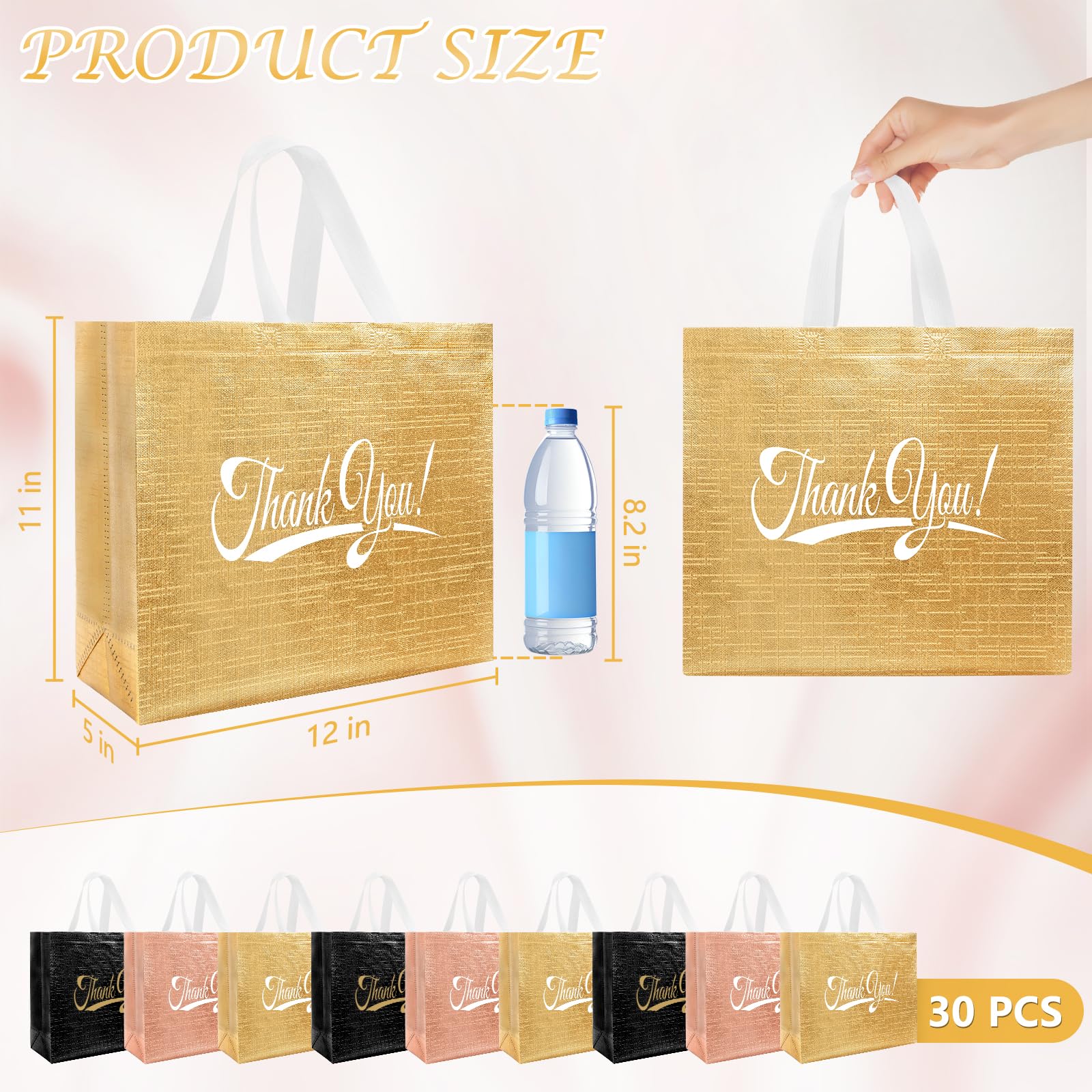 Takytao Lot de 30 sacs cadeaux de remerciement avec poignées - 27,9 x 30,5 x 12,7 cm (H x L x l) en vrac, réutilisables, sacs cadeaux de remerciement non tissés pliables pour affaires, shopping