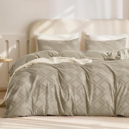 JELLYMONIJuego de funda de edredón caqui, individual, 3 piezas, de microfibra estilo capitoné, texturizado, bohemio, patrón geométrico de rombos