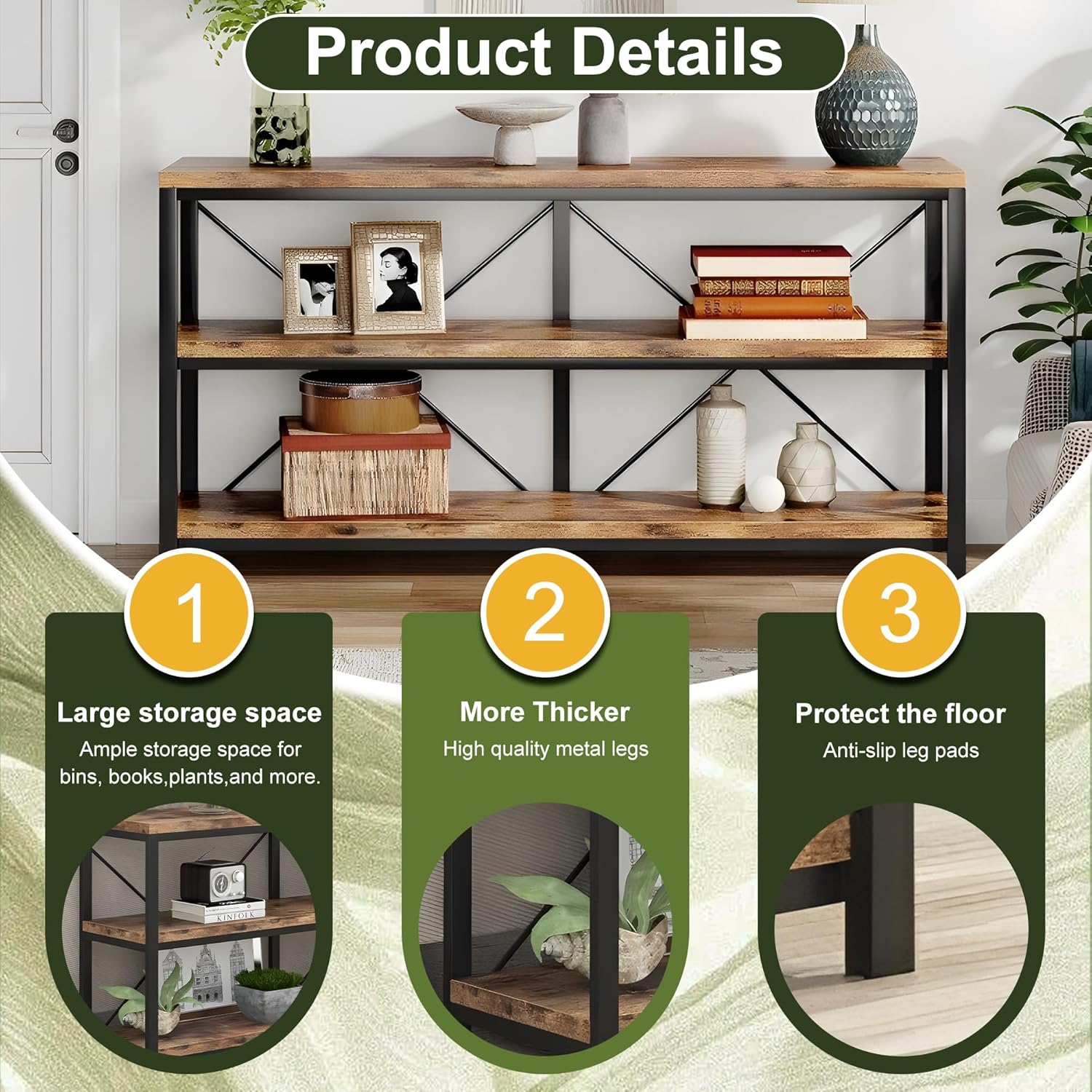 NicBex 55.12" Console Table,Modern Console Table with 3-Tier Storage Shelves,Extra Long Sofa Table bhind Couch,Industrial Entryway Table TV Stand,Console Tables for Living Room,Entryway,Rustic