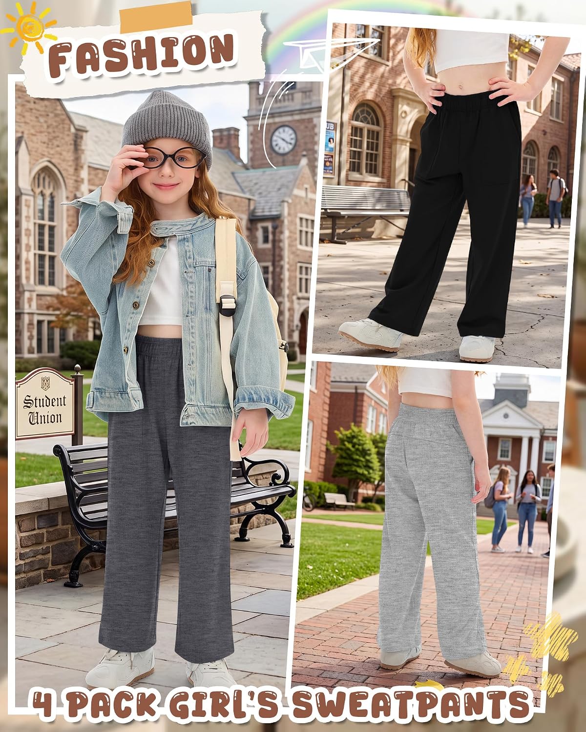 Yooo's Vivi 4 Pack Toddler Baby Girl's Pants Wide Leg Elastic Waist Loose Sweatpants Cute Baggy Pants with Pockets 18M-5T