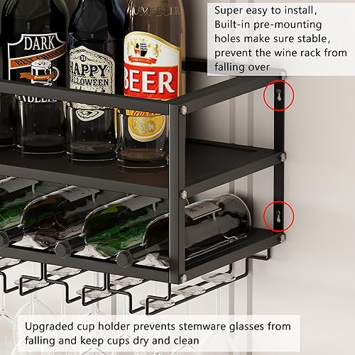 Miniatura 1 de MAIKAILUN Estante de vino montado en la pared negro con soporte para vidrio, soporte de metal para botellas de 30 pulgadas, estante de