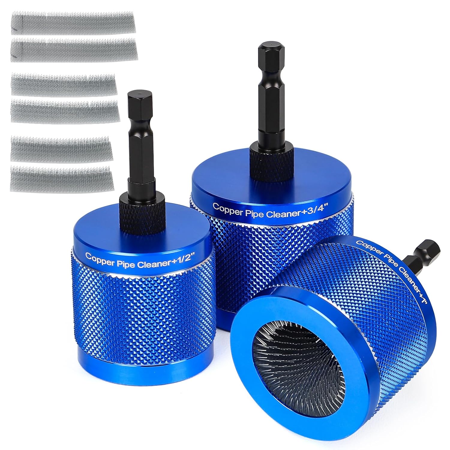 Copper Pipe Cleaner Set, Fits 1”, 3/4”, 1/2” Copper, Iron & Aluminum Pipes, Handheld or Drill Compatible, Metal Tube Cleaning Brushes with Replaceable Blades