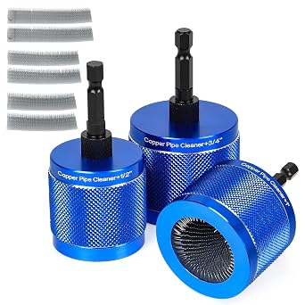 Copper Pipe Cleaner Set, Fits 1, 3/4, 1/2 Copper, Iron & Aluminum Pipes, Handheld or Drill Compatible, Metal Tube Cleaning Brushes with Replaceable Blades