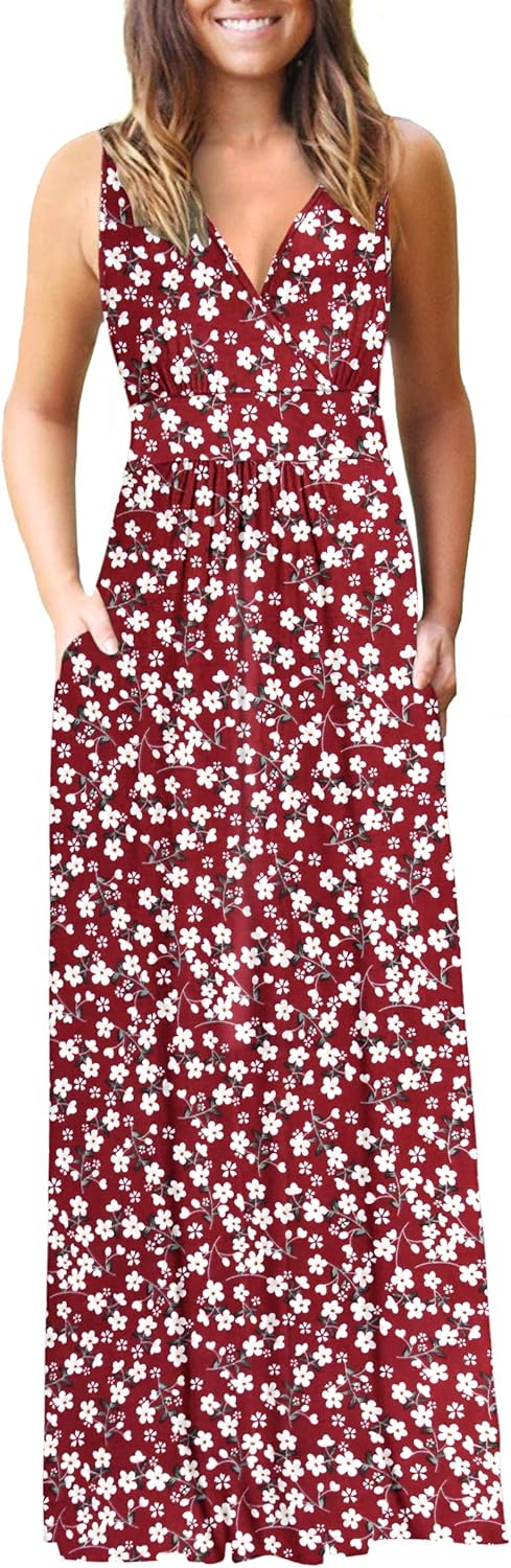 AUSELILY Women's Sleeveless Formal Dress Deep V Neck Loose Plain Cocktail Long Maxi Dresses with Pockets 2026 New