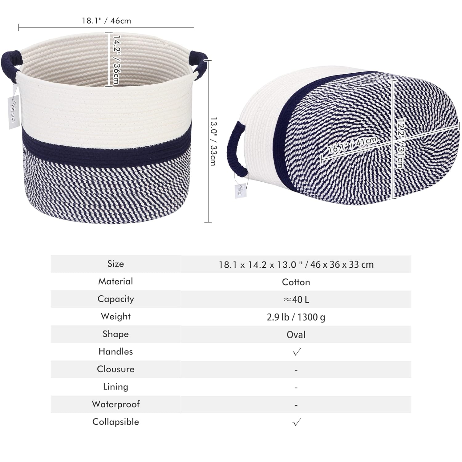 Hinwo Oval Cotton Rope Storage Basket Collapsible Nursery Storage Box Container Organizer with Handles, 16 x 13 inches, Off White and Dark Blue