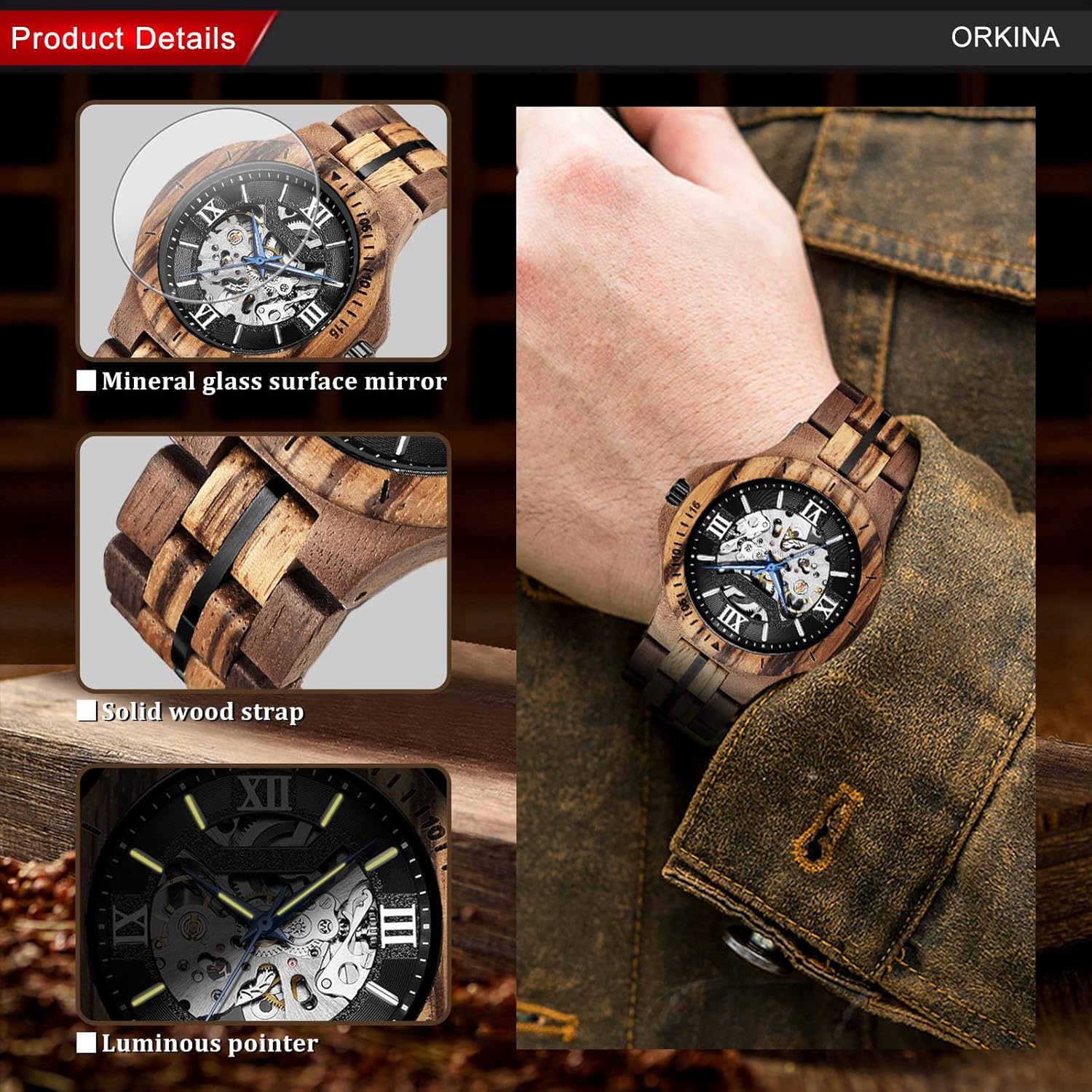 FORSINING Men's Solid Wood Mechanical Skeleton Watch, Vintage Wooden Band with Hollow Dial Wristwatch, Automatic Self-Wind Men Watches