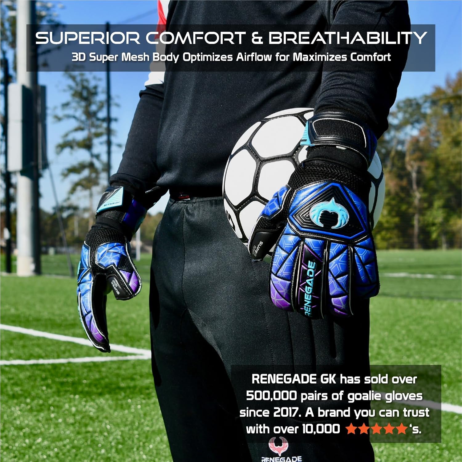 Renegade GK Vortex Goalie Gloves (No Fingersaves) - Adult, Youth, Kids (Sizes 6-11, 3 Styles, Level 3) 3.5+3mm Hyper Grip & Super Mesh | Excellent All-Around Goalkeeper Glove | Based in The USA