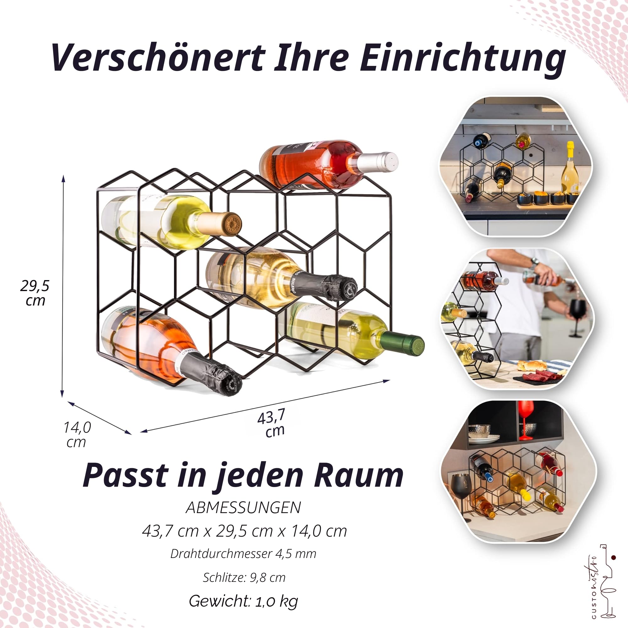 Gusto Nostro Weinregal für den Tisch - Modernes Schwarzes Metall-Weinregal für 14 Flaschen - 3-Stufiges Flaschenregal für Tisch, Schrank & Speisekammer - Keine Montage Erforderlich