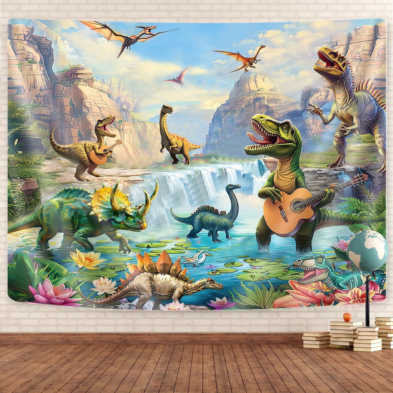 Dinosaur Poster Tapestry for Boys Kids Decor, Cool Dino Forest Anicient Fairytale Forest Animals Tapestries Wall Hanging, Funny T-Rex Dinosaur Playing Guitar Wall Art Backdrop Tapestry Party, 80"x60" image 2