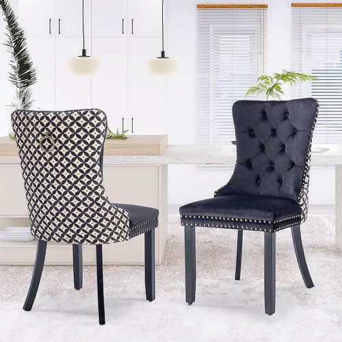 Miniatura 125 de Juego de 6 sillas de comedor de terciopelo, sillas de comedor tapizadas acolchadas con ribete de tachuelas y patas de madera maciza para cocina,