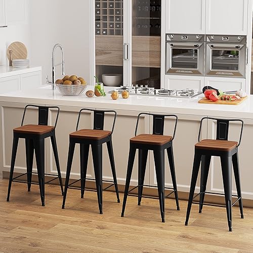 Miniatura 2 de POINTANT Juego de 4 taburetes de bar de metal con altura de mostrador color negro sillas de bar modernas de 24 pulgadas con respaldo y asiento de